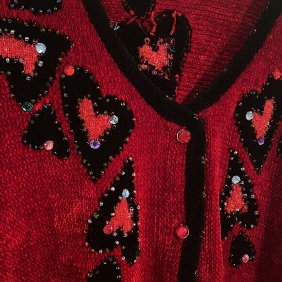 That Sweater Red Beaded with Hearts Button Up Sweater Cardigan Size M - Picture 8 of 16